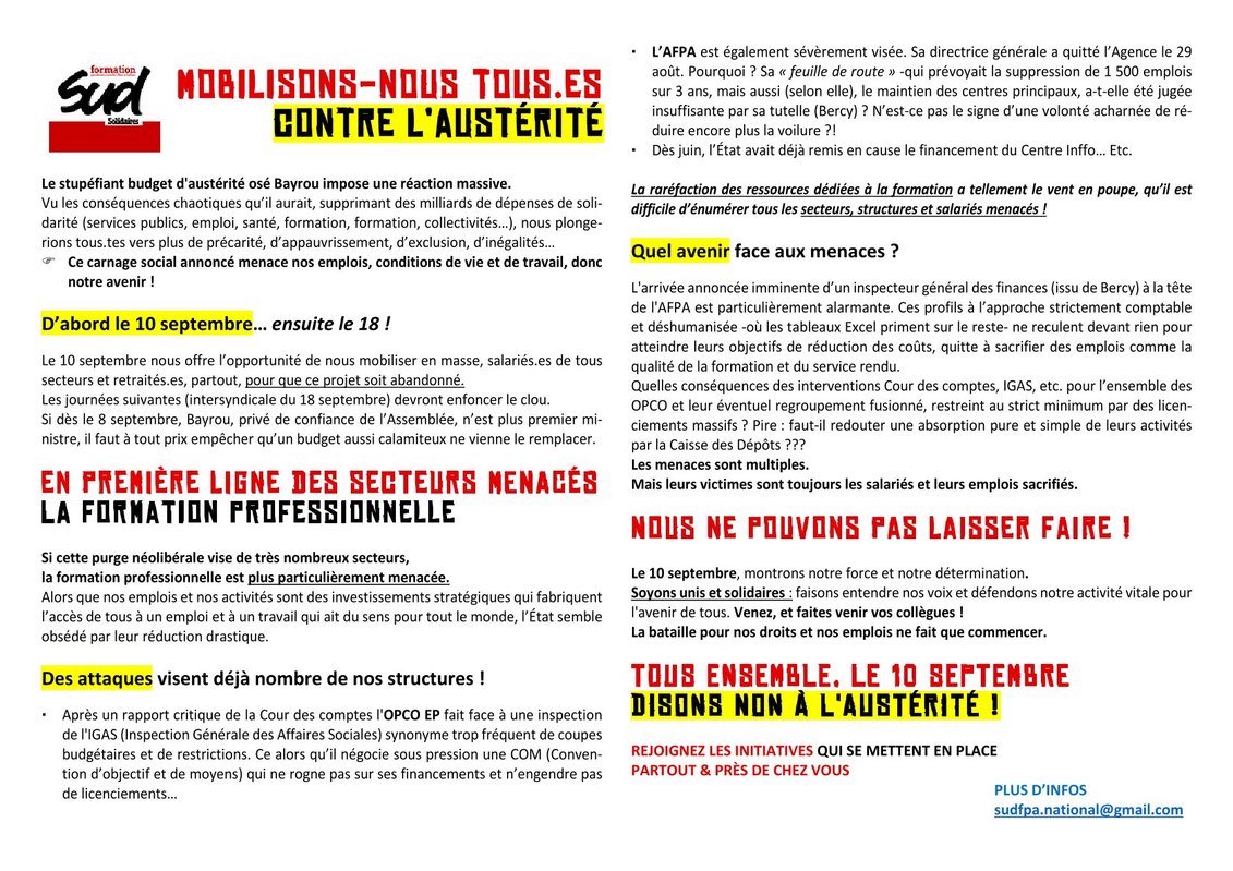 10 septembre-Mobilisation contre un budget austeritaire-Tract