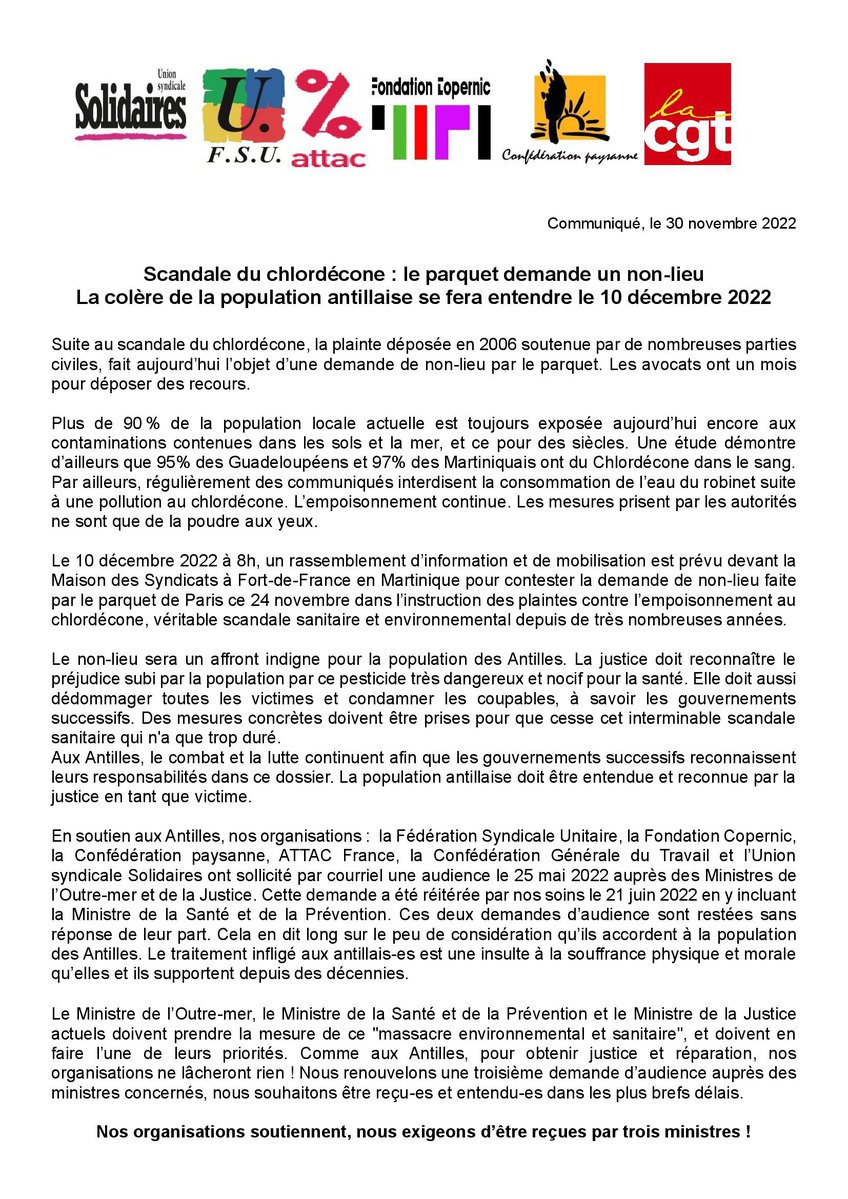 Communiqué unitaire chlordécone du 30 11 2022