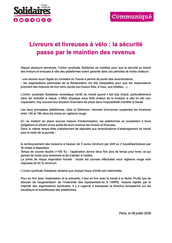 Livreurs et livreuses à vélo _ la sécurité passe par le maintien des revenus